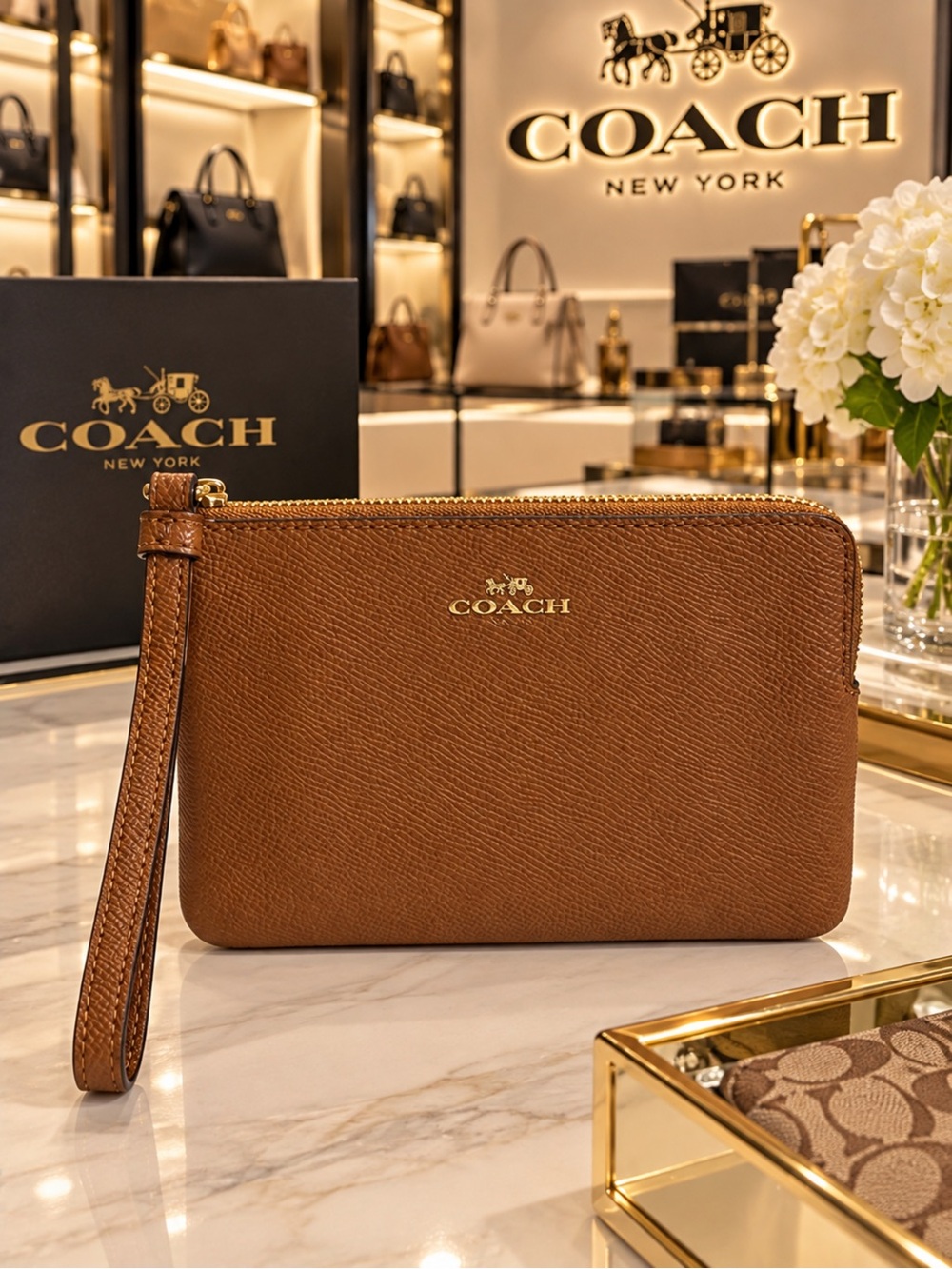 Coach Tan Leather Wristlet Clutch with Gold Logo